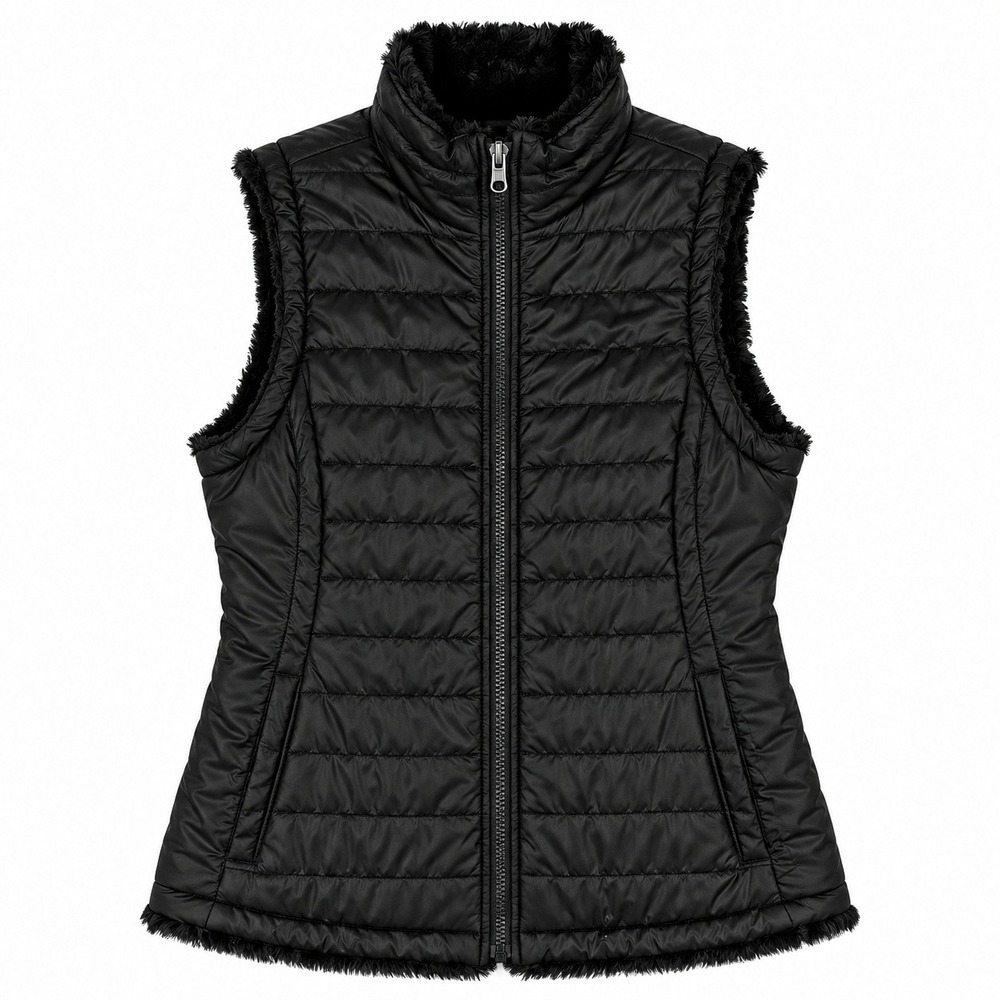 Nicole Miller Reversible Puffer Vest Womens Medium Black Faux Fur Quilted Zip